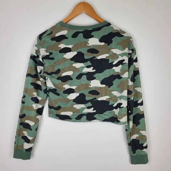 H&M Green Black and Cream Camo Printed Cropped Sweatshirt XS - Picture 11 of 16